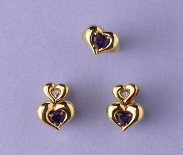 Van Cleef and Arpels Amethyst and 18ct Gold Heart Shaped Ring and Earrings Suite; Signed and numbered: Van Cleef & Arpels, Circa 1990.
