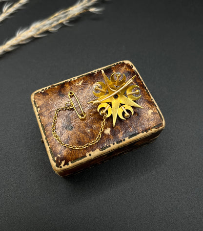 Antique 15 Carat Yellow Gold Diamond and Seed Pearl Crescent Star Brooch/Pendant