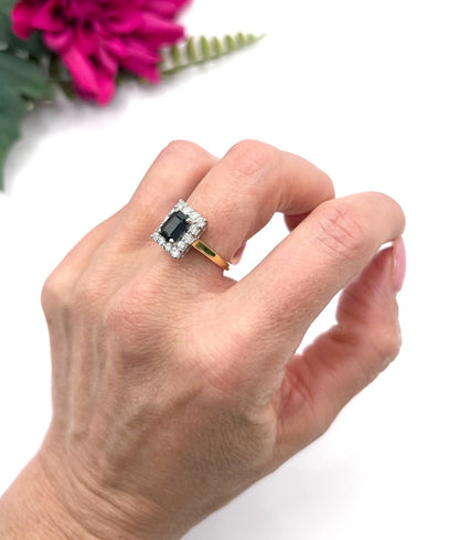 Vintage 18 Carat Gold Sapphire and Diamond Rectangular Cluster Ring, Birmingham 1989