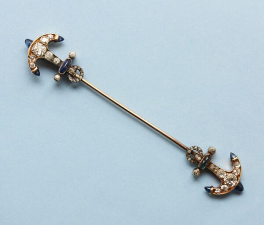 Antique Victorian 1.25ct Old Cut Diamond and Sapphire Anchor Jabot Pin Brooch; gold jabot pin with anchor at each end set with diamonds and sapphires