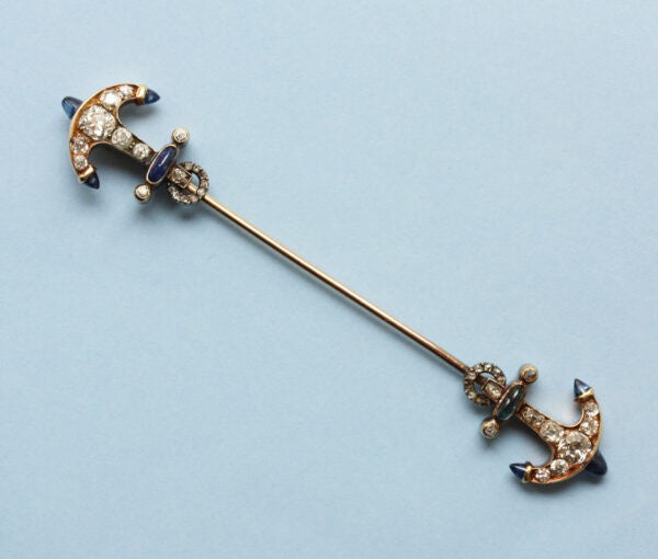 Antique Victorian 1.25ct Old Cut Diamond and Sapphire Anchor Jabot Pin Brooch; gold jabot pin with anchor at each end set with diamonds and sapphires