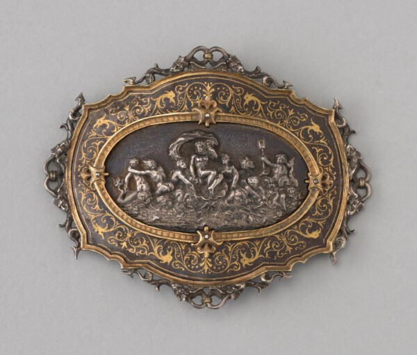 Antique Victorian Silver Buckle, Neo Renaissance Style, depicting the birth of Venus, iron and gold mounting. Signed Antonio Cortelazzo, c,1850