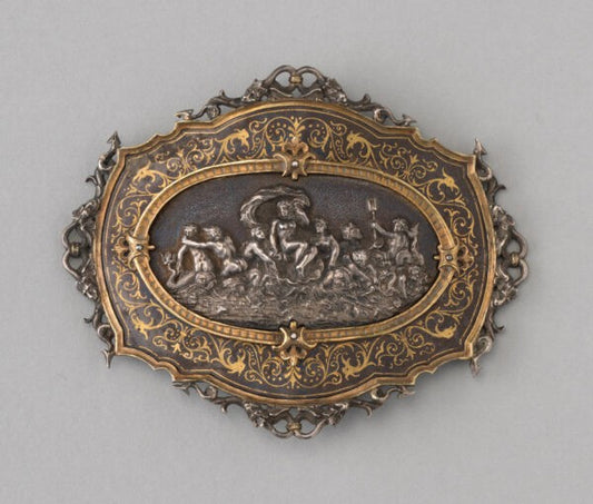 Antique Victorian Silver Buckle, Neo Renaissance Style, depicting the birth of Venus, iron and gold mounting. Signed Antonio Cortelazzo, c,1850