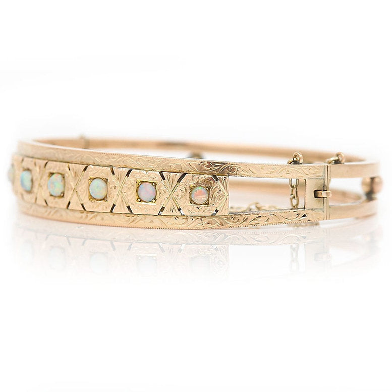 Edwardian Antique Opal and Engraved Gold Bangle Bracelet