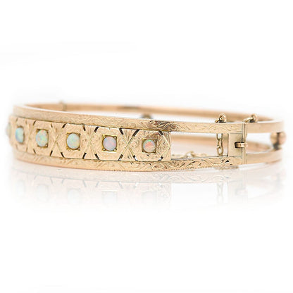Edwardian Antique Opal and Engraved Gold Bangle Bracelet