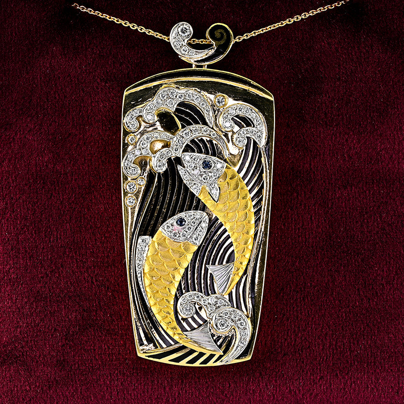Vintage Estate 1970s Enamel and 2ct Diamond Koi Carp Fish Gold Pendant