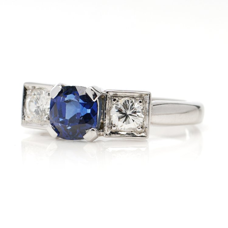 Vintage 0.85ct Sapphire and Diamond Three Stone Ring in Platinum