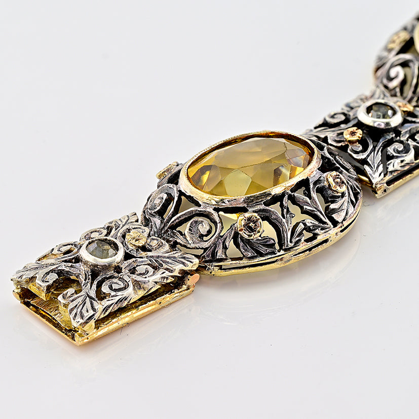 Edwardian Antique 25.45ct Natural Citrine Oval Panel Link Bracelet with Diamonds