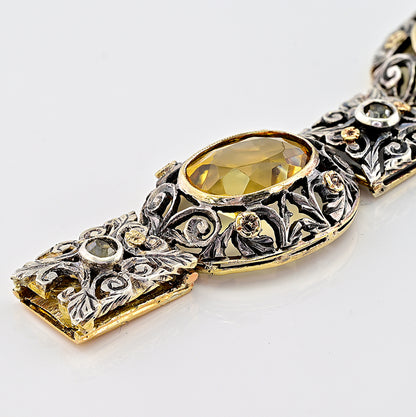 Edwardian Antique 25.45ct Natural Citrine Oval Panel Link Bracelet with Diamonds