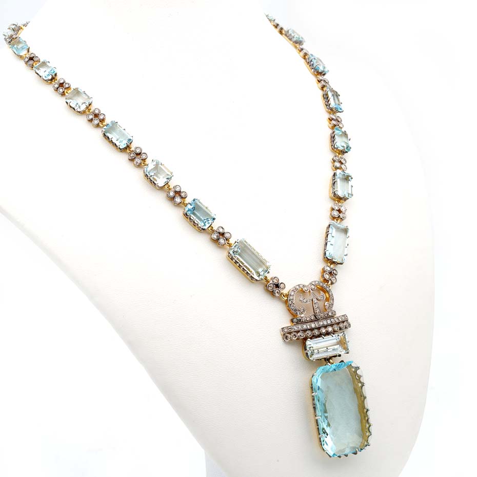 Vintage Retro 49cts Aquamarine and 4.25ct Diamond Necklace
