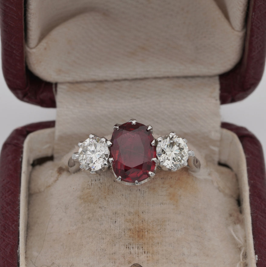 Vintage 1.90ct Natural Red Spinel and Diamond Trilogy Three Stone Engagement Ring in Platinum