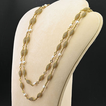 Vintage Italian Weingrill Pearl and Gold Cord Spiral Long Chain Necklace