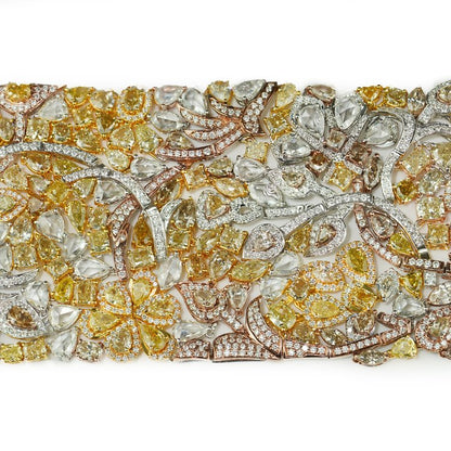 Fine 57.80ct White and Fancy Yellow Diamond Cuff Bracelet in Tri Colour 18ct Gold