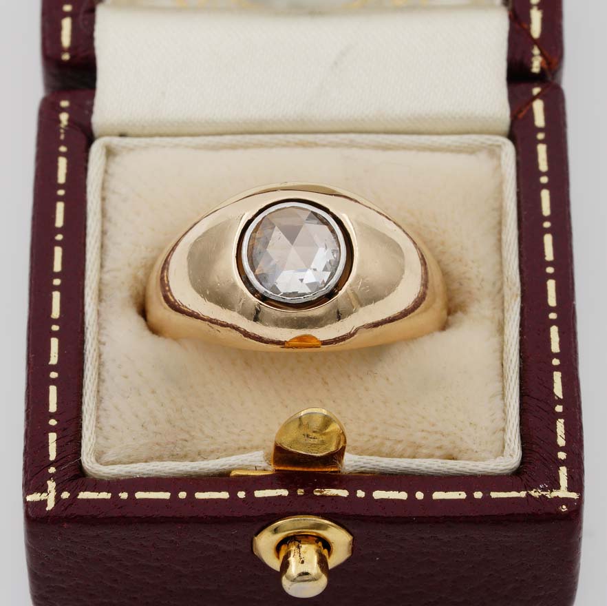 Victorian Antique Rose Cut Diamond Solitaire Signet Gypsy Ring