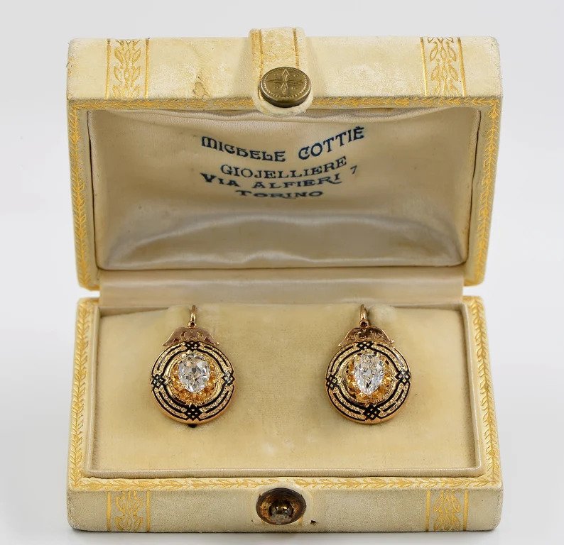 Antique Victorian 2.2ct Diamond Enamel and Gold Drop Earrings; 2.23ct cushion-shaped old mine-cut diamonds in 18ct yellow gold borders with distinctive enamel motifs, 19th century Circa 1860