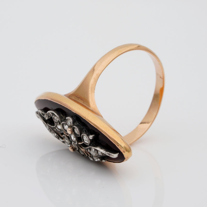 Antique Georgian French Red Enamel and Rose Cut Diamond Floral Giardinetti Navette Ring