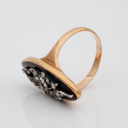 Antique Georgian French Red Enamel and Rose Cut Diamond Floral Giardinetti Navette Ring