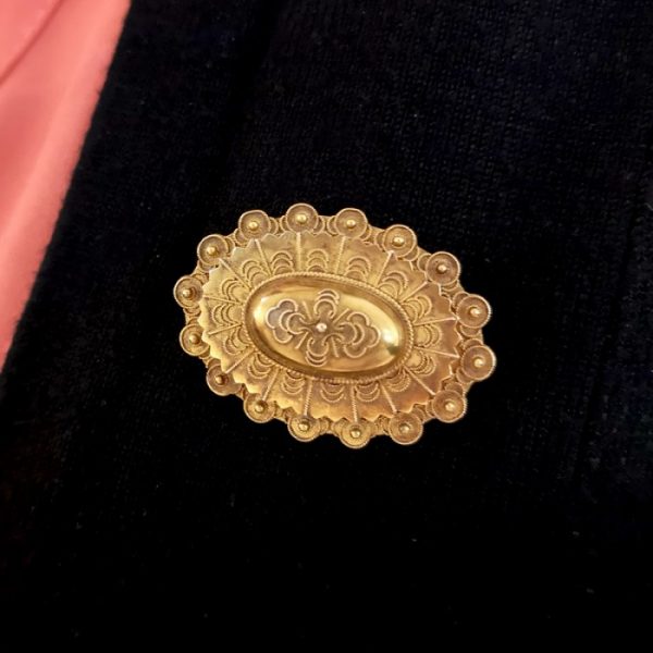 Antique Victorian Etruscan Style Gold Brooch and Earrings Suite, Circa 1875