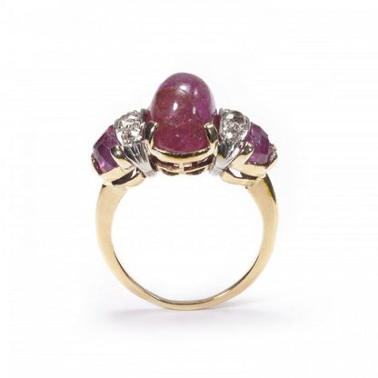 Vintage Cabochon Ruby and Diamond Three Stone Ring, Circa 1950s