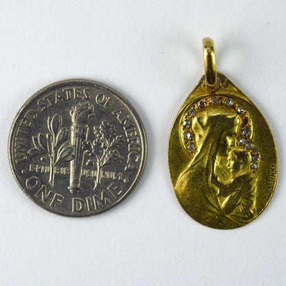French Madonna and Child 18ct Yellow Gold Charm Pendant with Rose Cut Diamonds, Signed by Rasumny