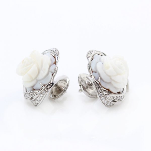 Breguet Rose de la Reine Carved Cameo and Diamond Earrings in 18ct white gold, Signed