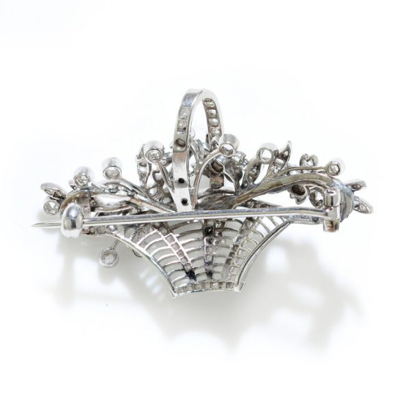 Art Deco Rose Cut Diamond Floral Basket Brooch, 2 carats