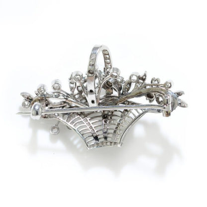 Art Deco Rose Cut Diamond Floral Basket Brooch, 2 carats
