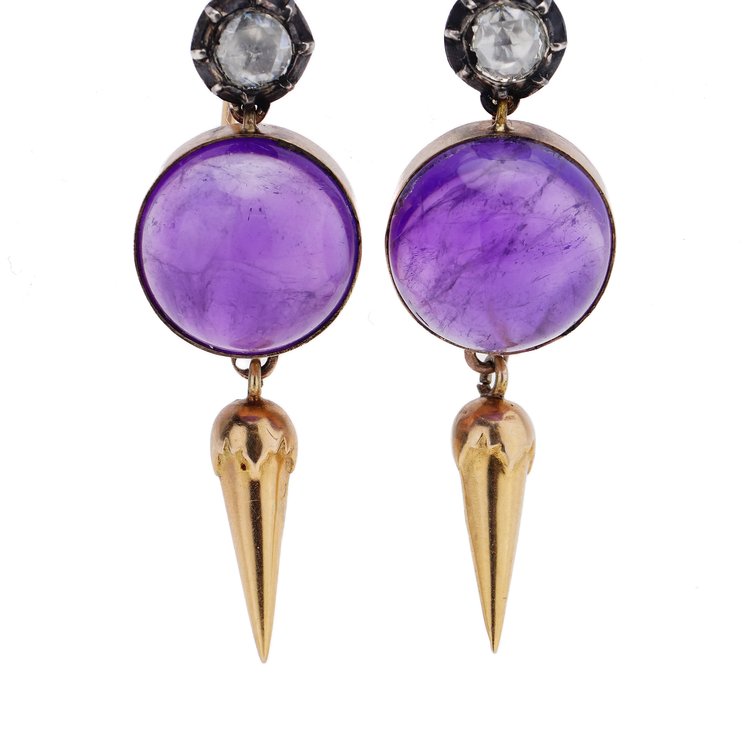Antique Victorian Cabochon Amethyst and Diamond Drop Earrings