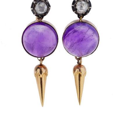 Antique Victorian Cabochon Amethyst and Diamond Drop Earrings