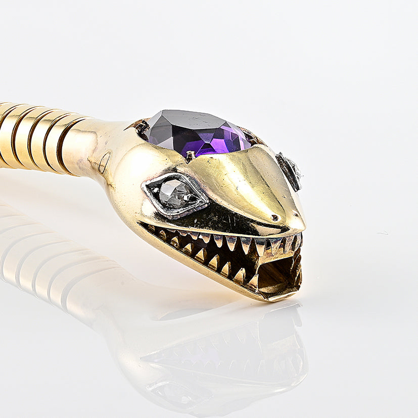 Vintage 1940s Retro Amethyst and Diamond Set 18ct Yellow Gold Snake Tubogas Bracelet