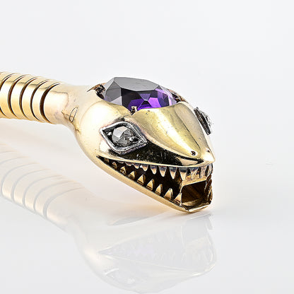 Vintage 1940s Retro Amethyst and Diamond Set 18ct Yellow Gold Snake Tubogas Bracelet
