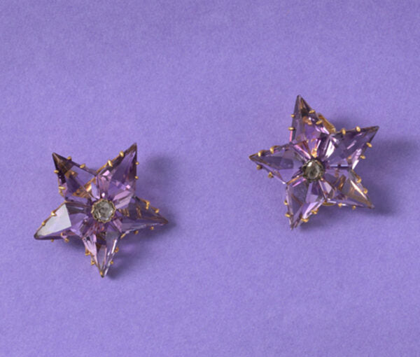 Antique Amethyst and Diamond Star Pendant/Brooch and Earrings Suite