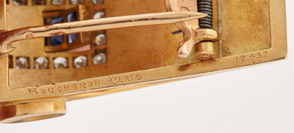 Vintage 1940s Boucheron Retro 18ct Yellow Gold, Sapphire and Diamond Double Clip Brooch with Provenance. Signed and numbered