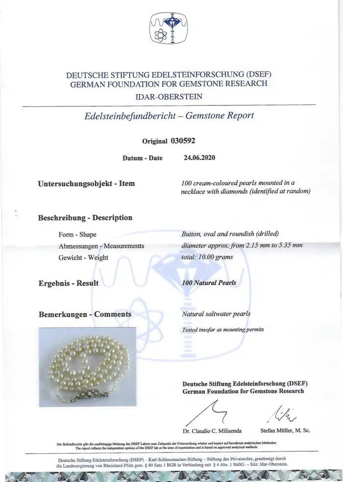 Art Deco Natural Saltwater Pearl Necklace with Diamond Clasp with gemmological report