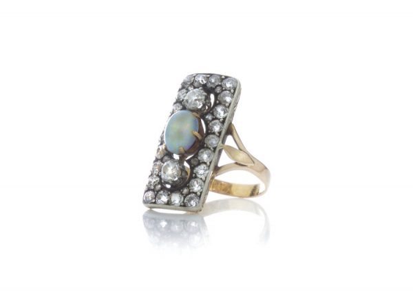 Antique Opal and Old Cut Diamond Panel Ring, 1.76cts