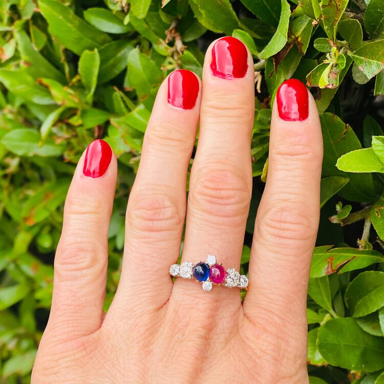 Antique Victorian Cabochon Ruby Sapphire and Old Cut Diamond Ring