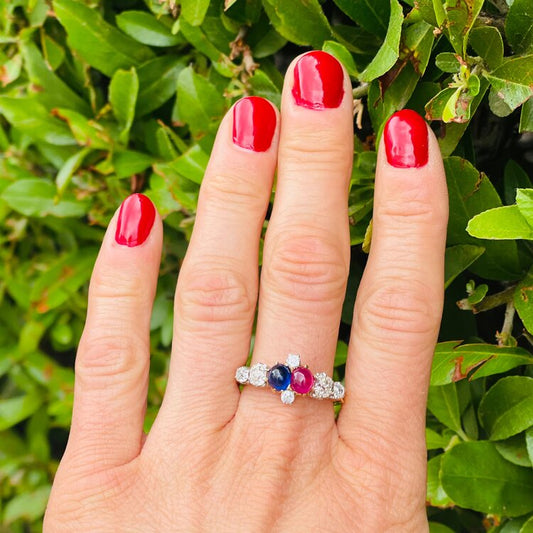 Antique Victorian Cabochon Ruby Sapphire and Old Cut Diamond Ring