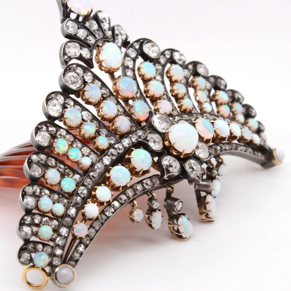 Victorian Antique Opal and Diamond Crown Tiara Haircomb Necklace