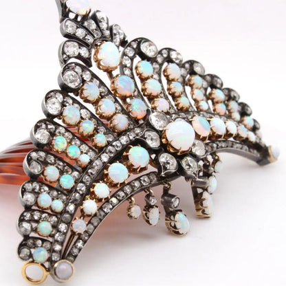 Victorian Antique Opal and Diamond Crown Tiara Haircomb Necklace