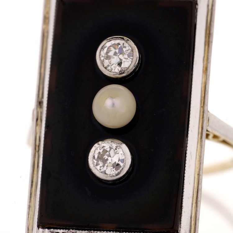 Art Deco Diamond and Pearl Three Stone Onyx Plaque Ring in Platinum and 14ct Gold