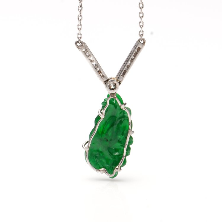 Art Deco Carved Jade Pendant Necklace with Diamonds