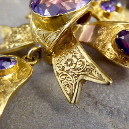 Antique Victorian Amethyst and 15ct Yellow Gold Bow Brooch with Drop