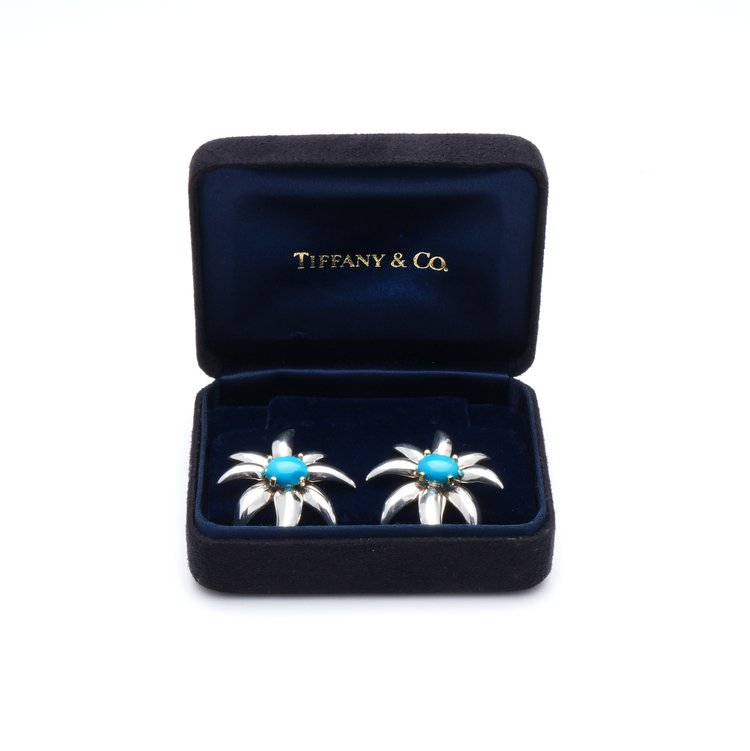 Vintage Tiffany and Co Turquoise Fireworks Clip On Earrings in 18ct Gold and Silver, Fitted with double hinged omega clip backings, in original box, Circa 1995