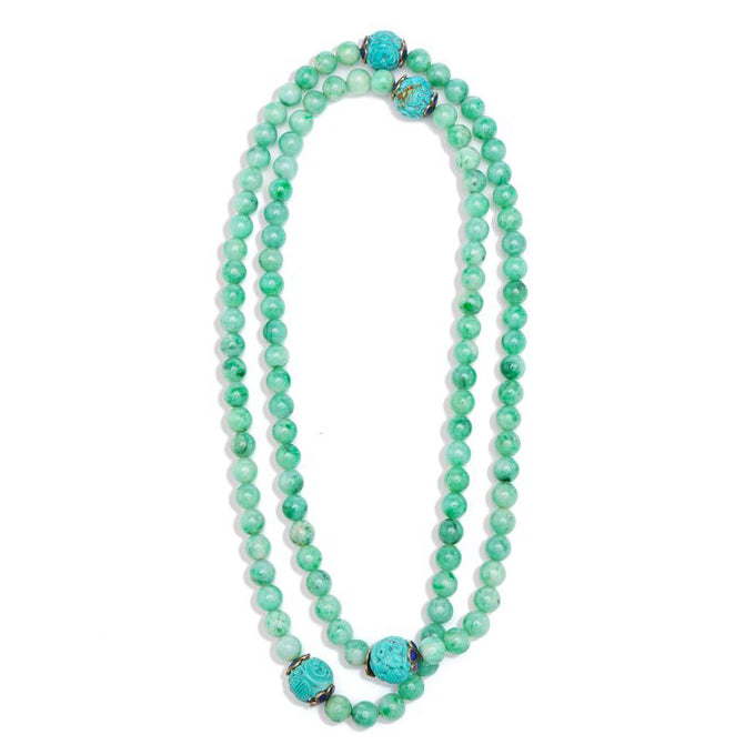Antique Chinese Jadeite Jade Bead Necklace with Carved Turquoise