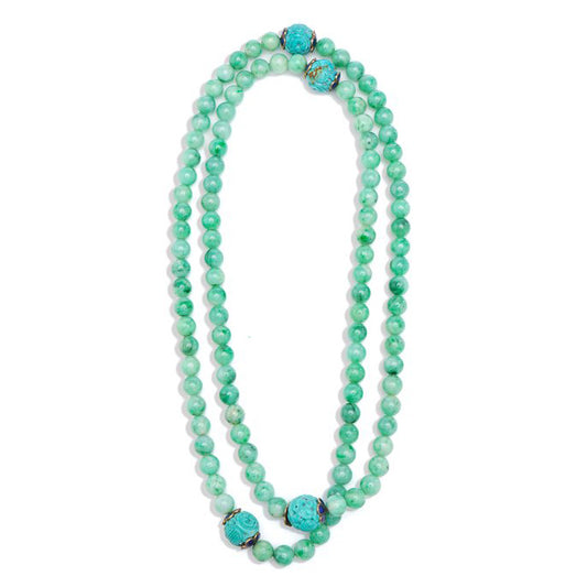 Antique Chinese Jadeite Jade Bead Necklace with Carved Turquoise