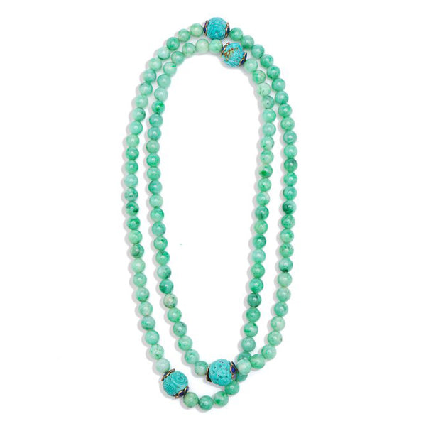 Antique Chinese Jadeite Jade Bead Necklace with Carved Turquoise