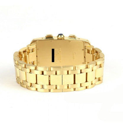 Cartier Gents Tank Americaine 1730 Chronograph 18ct Yellow Gold Quartz Rectangular Watch, white dial, Roman numerals, chronograph sub dials, sapphire crystal, faceted blue gem set crown, Cartier 18ct yellow gold bracelet with concealed double deployment clasp