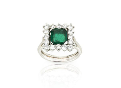 1.43 Natural Colombian Emerald and Diamond Square Cluster Ring; 1.43ct octagonal-cut emerald surrounded by 1.12cts diamonds, in 18ct white gold, with GCS Certificate