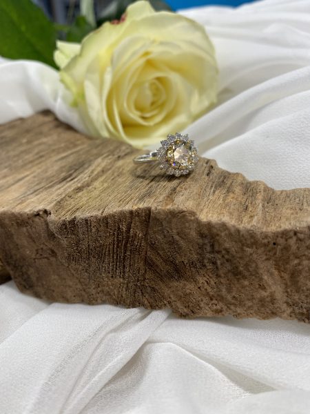 1.28ct Old Cut Fancy Yellow Diamond Cluster Ring in Platinum