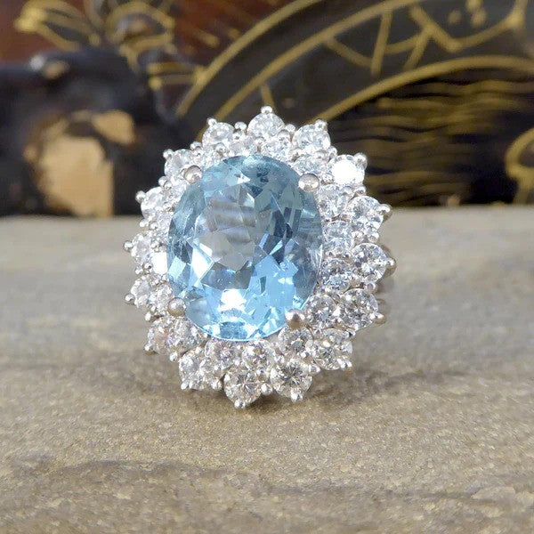 Vintage 4.30ct Oval Aquamarine and Diamond Double Cluster Ring in Platinum